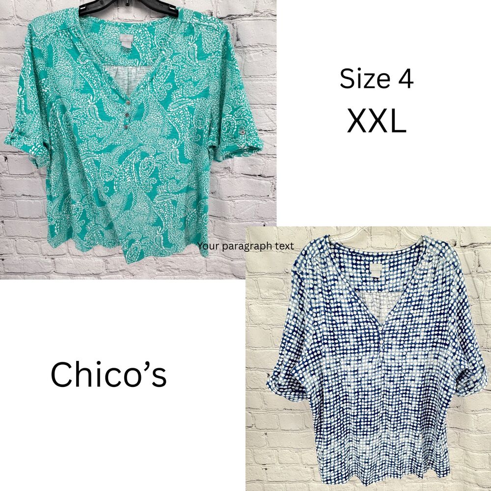 Lot of 2 Chico's Tops Size 4 (XXL)  Green and Blue Henley Roll Tab Sleeve